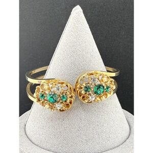 Vintage Rhinestone Bracelet Hinged Gold Tone Clamper Green 6.5"